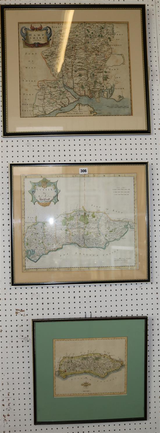 Two Robert Morden hand-coloured engraved maps, Hampshire and Sussex & a later Cary map of Sussex